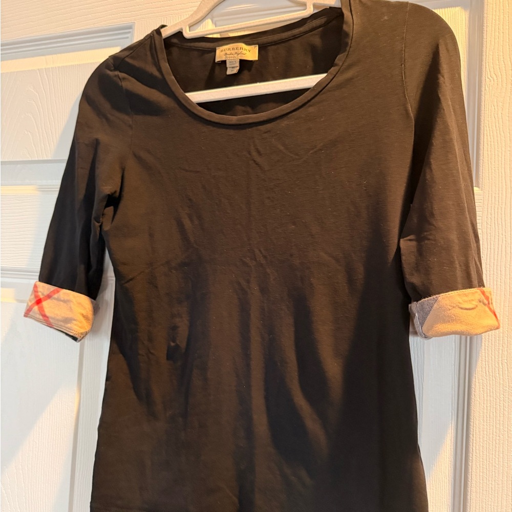 Burberry Black Long Sleeve Top with Plaid Accents